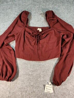 Open Edit Ruched Tie-Front Burgundy Long-Sleeve Crop Top Size Xsmall
